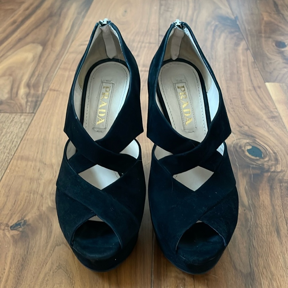 Prada Black Suede Platform Wedges Excellent Condition